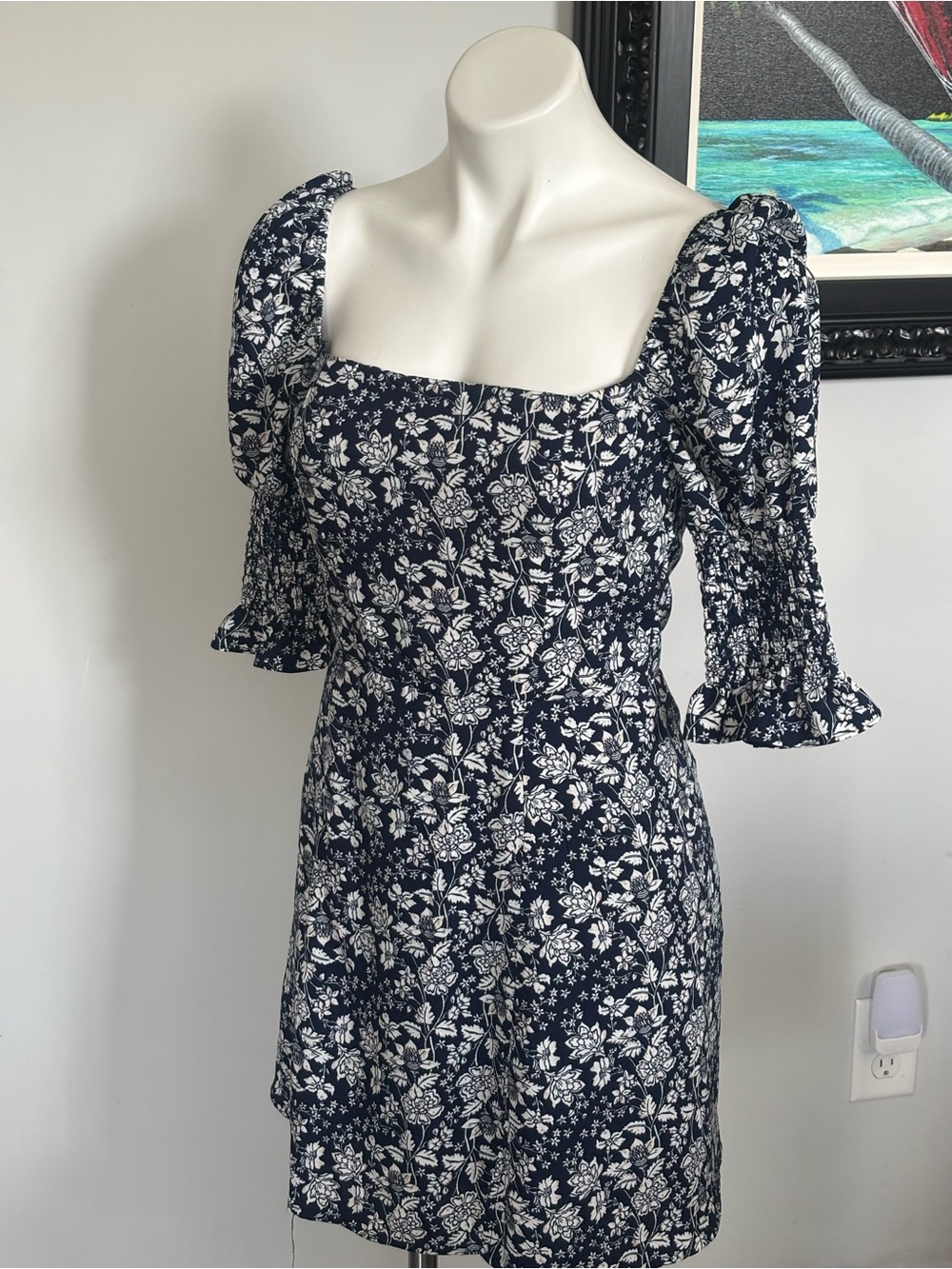 Mi ami Navy & White Floral Square-Neck Mini Dress with Puff Sleeves